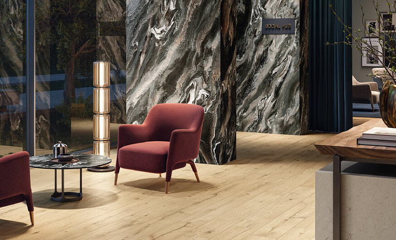 Aura porcelain stoneware by Italon — a complete finishing system in wood aesthetic